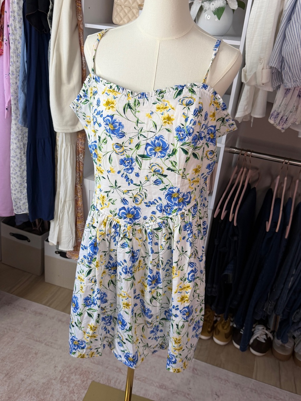 Free Assembly Floral  Spaghetti-Strap Mini Dress in White with Blue & Yellow